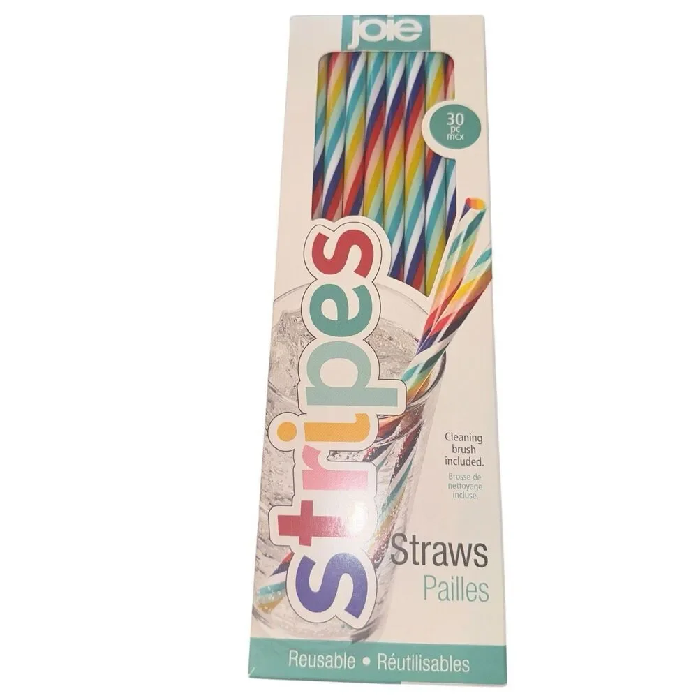 Joie Stripes Straws, 30 Pc Rainbow, Reusable & Eco-Friendly With Cleaning Brush